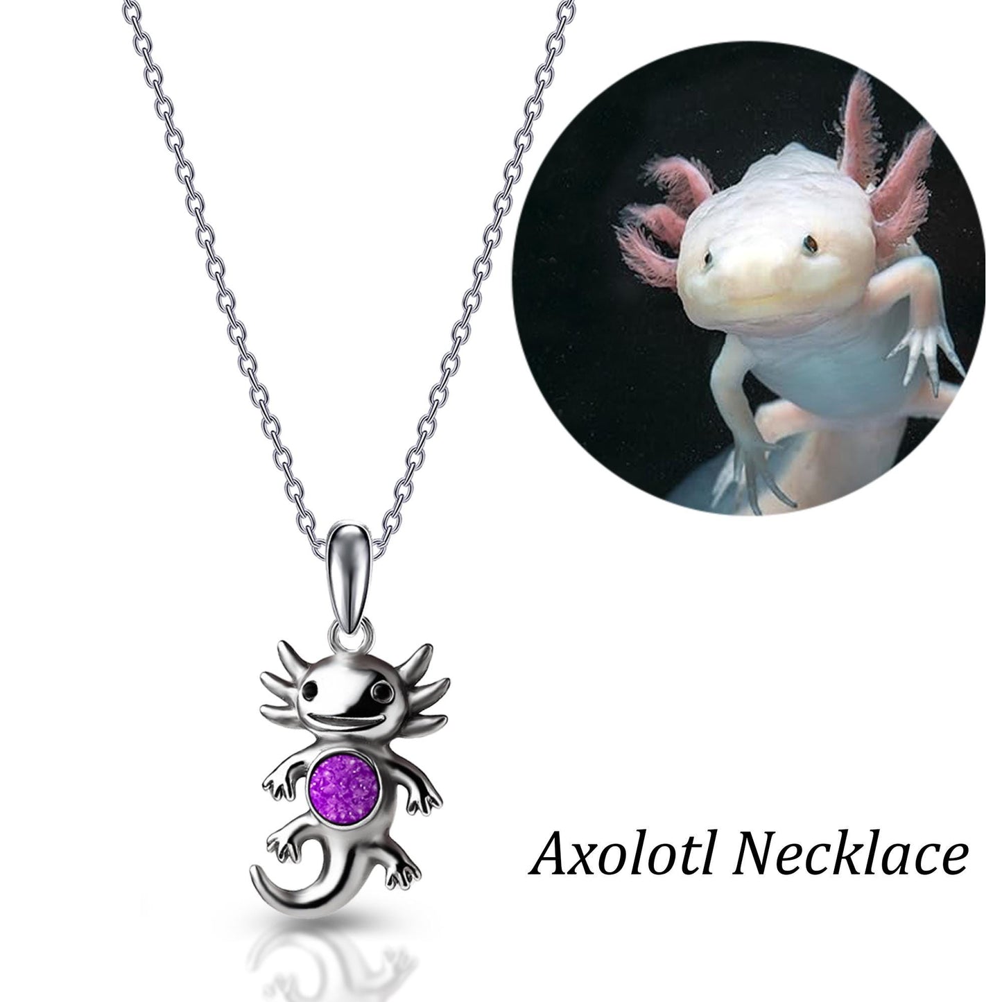 Handmade Axolotl Necklace, Amethyst Birthstone Pendant,Custom Initial Kids Name Necklace, Mama Daughter Gift,Birthflower Jewelry,Unique Gift