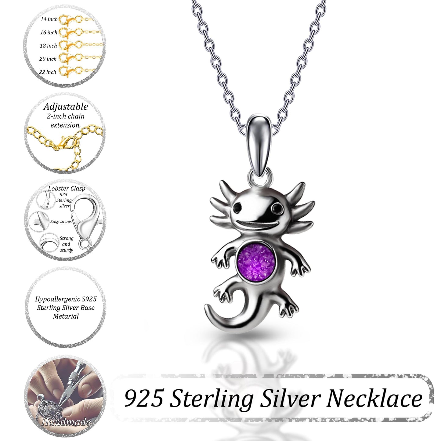 Handmade Axolotl Necklace, Amethyst Birthstone Pendant,Custom Initial Kids Name Necklace, Mama Daughter Gift,Birthflower Jewelry,Unique Gift
