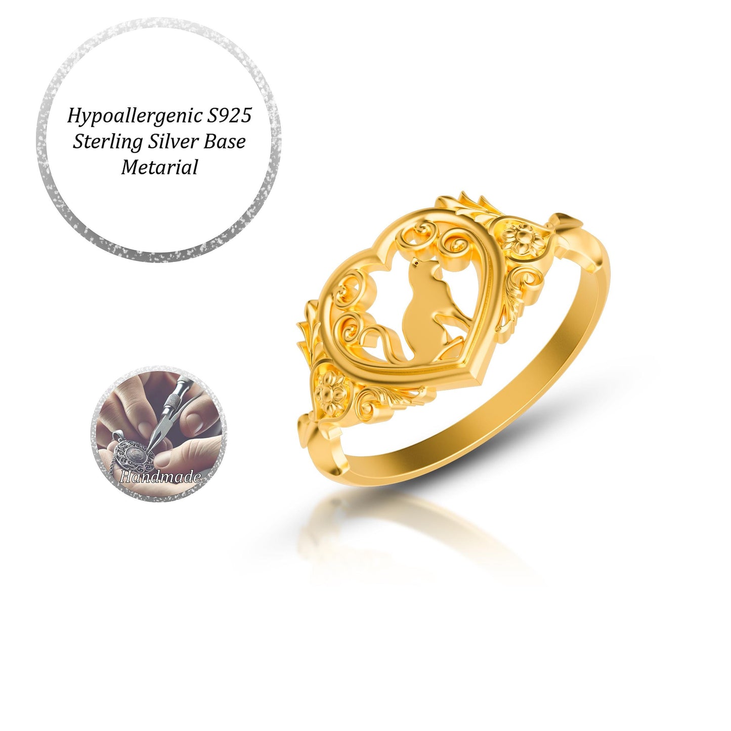 Handmade Gold Plated Sterling Silver Cat Ring – 925 Silver Decorated Cat Jewelry for Women Unique Animal Lover Gift