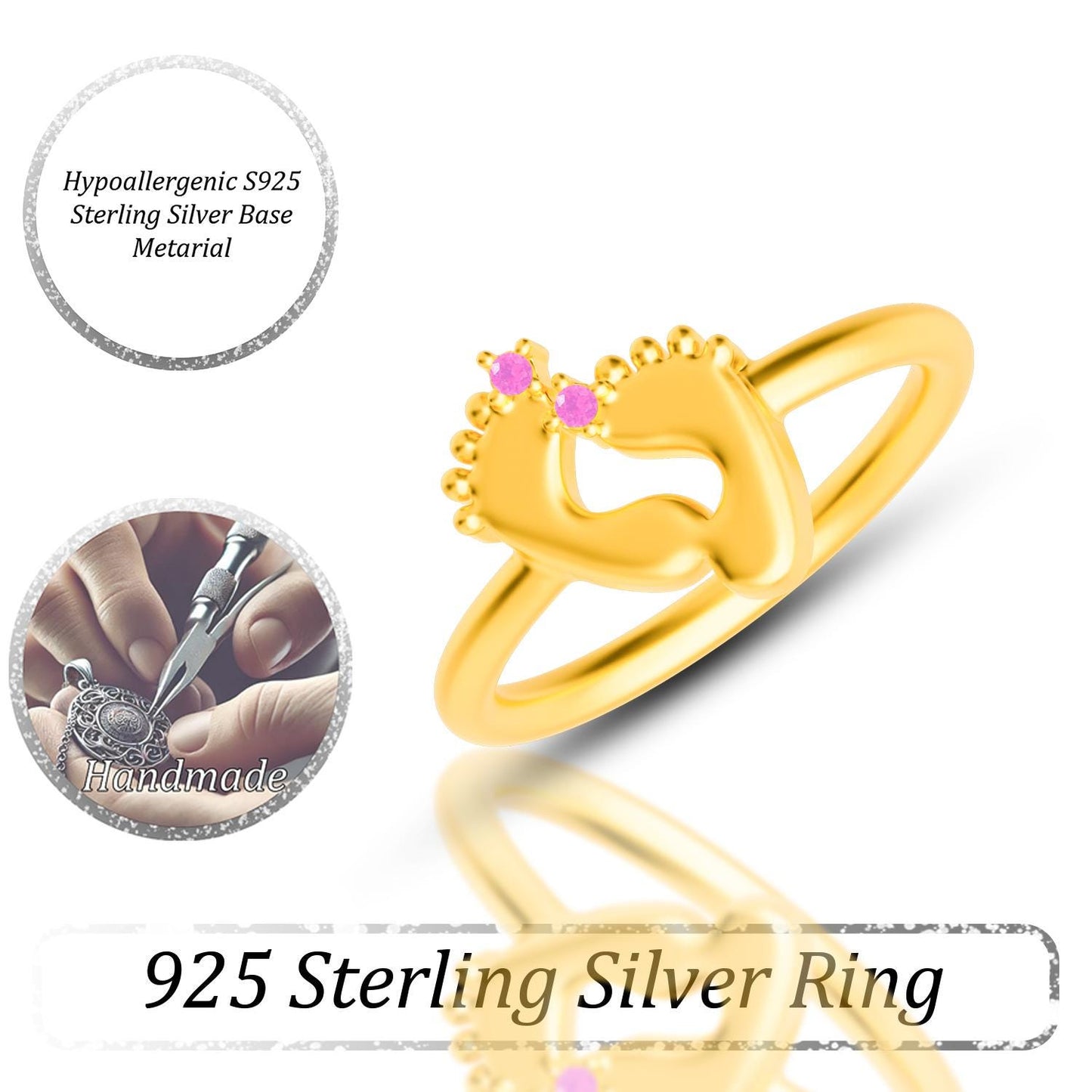 Handmade Gold Plated Baby Footprint Ring with Birthstone – 925 Sterling Silver Personalized Jewelry for Moms.