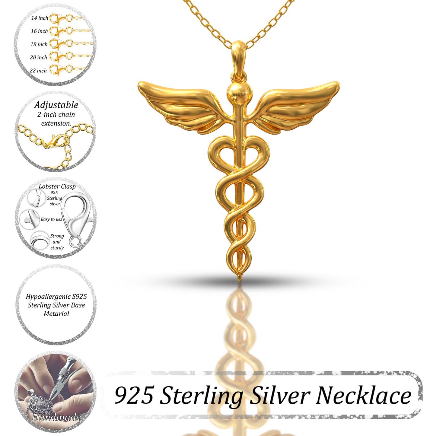 Handmade Caduceus Necklace, 14K Gold Plated Medical Charm, Custom Mythology Pendant, Personalized Jewelry Gift for Nurse & Medical Student