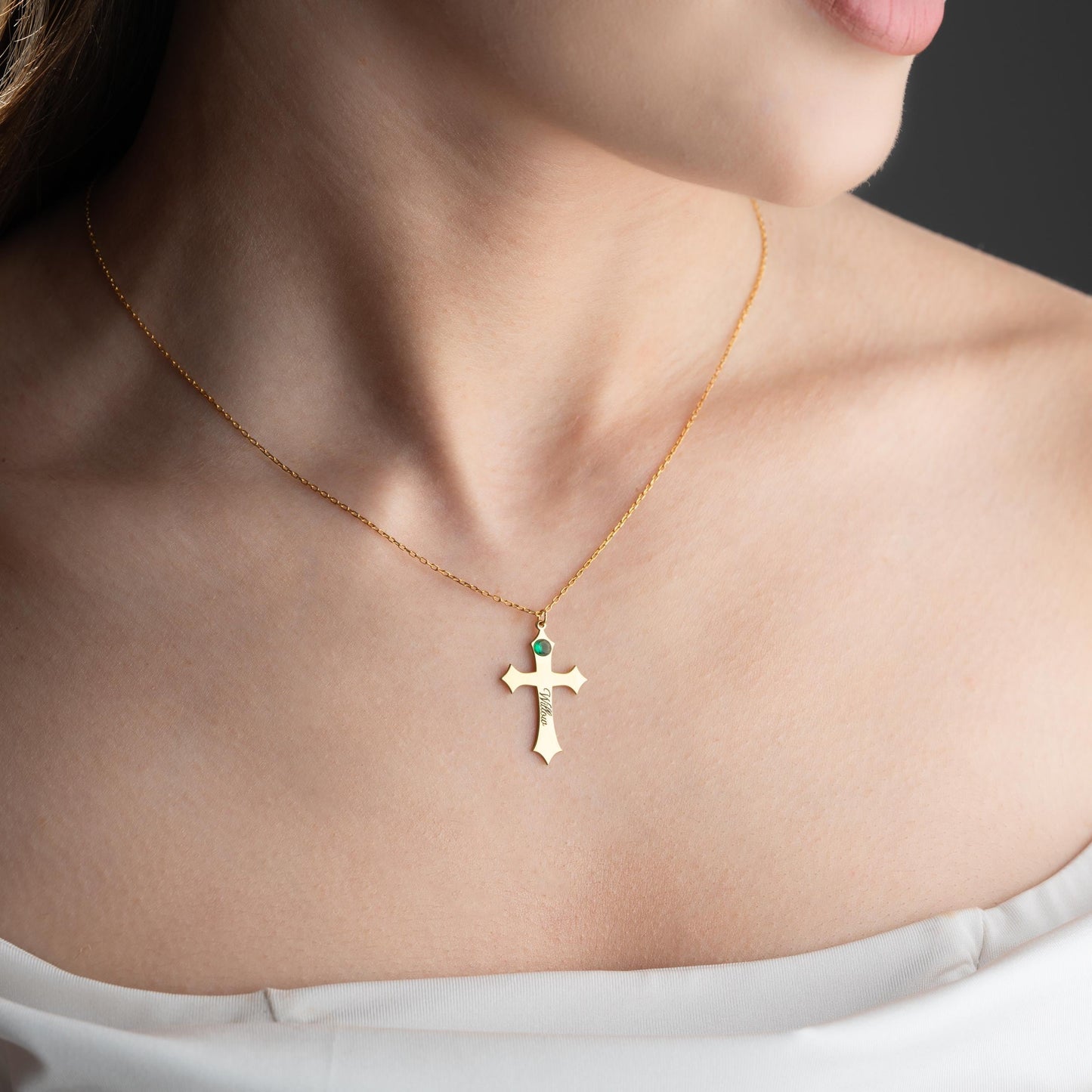 Birthstone Cross Necklace, Gold Cross Pendant, Custom Name Necklace, Small Orthodox Cross, Birthstone Jewelry Gift for Her, Birthday Gift.
