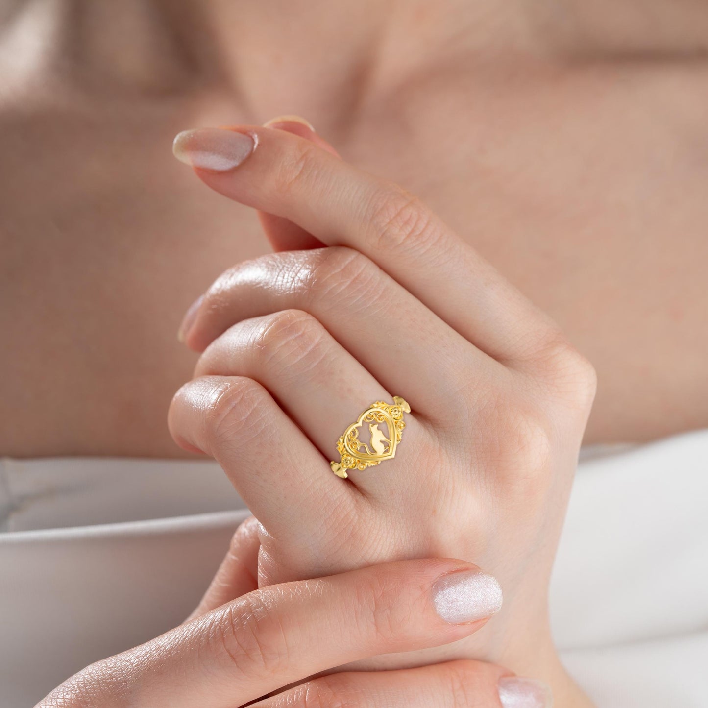 Handmade Gold Plated Sterling Silver Cat Ring – 925 Silver Decorated Cat Jewelry for Women Unique Animal Lover Gift