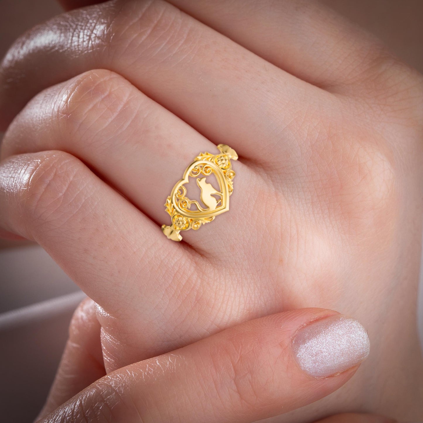 Handmade Gold Plated Sterling Silver Cat Ring – 925 Silver Decorated Cat Jewelry for Women Unique Animal Lover Gift
