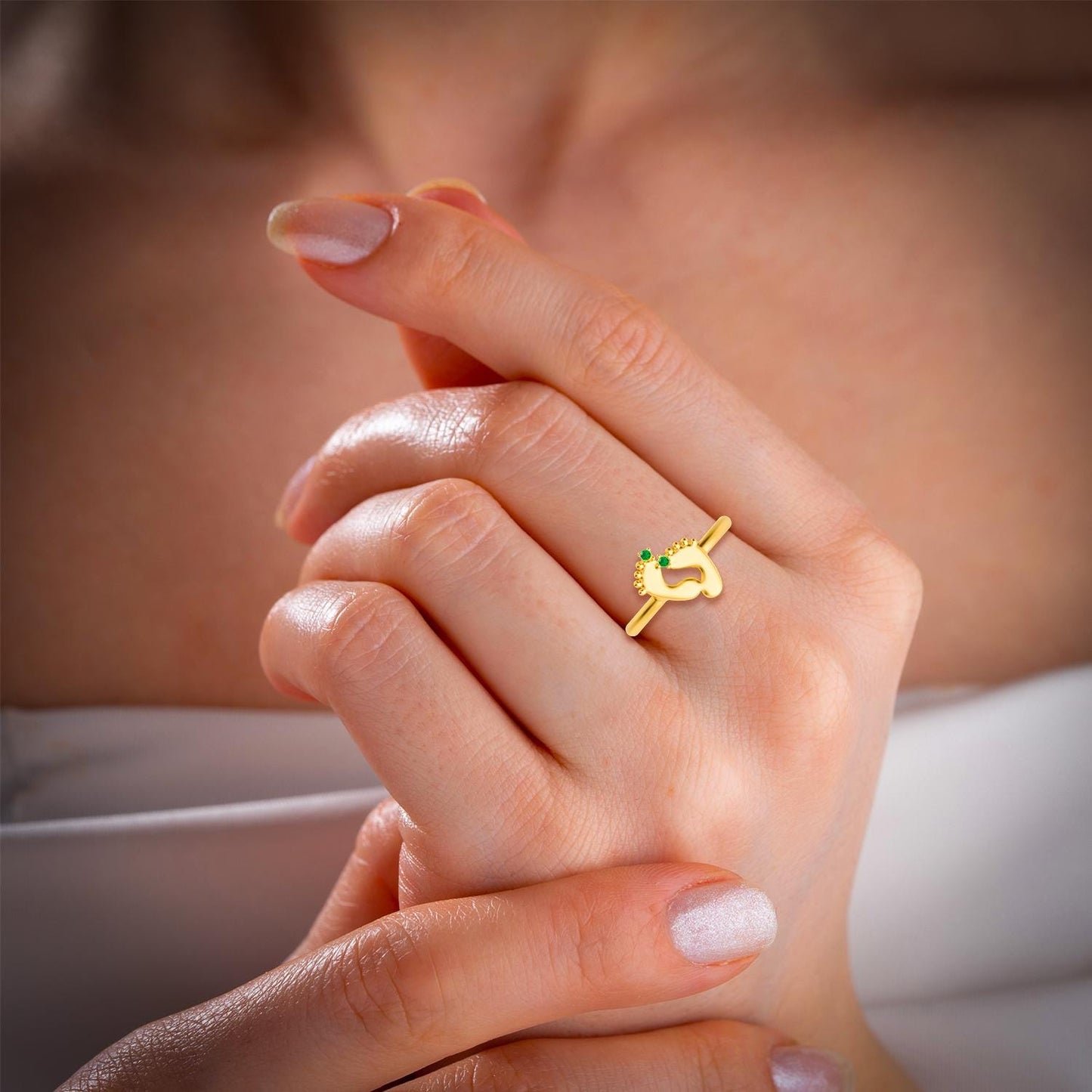 Handmade Gold Plated Baby Footprint Ring with Birthstone – 925 Sterling Silver Personalized Jewelry for Moms.