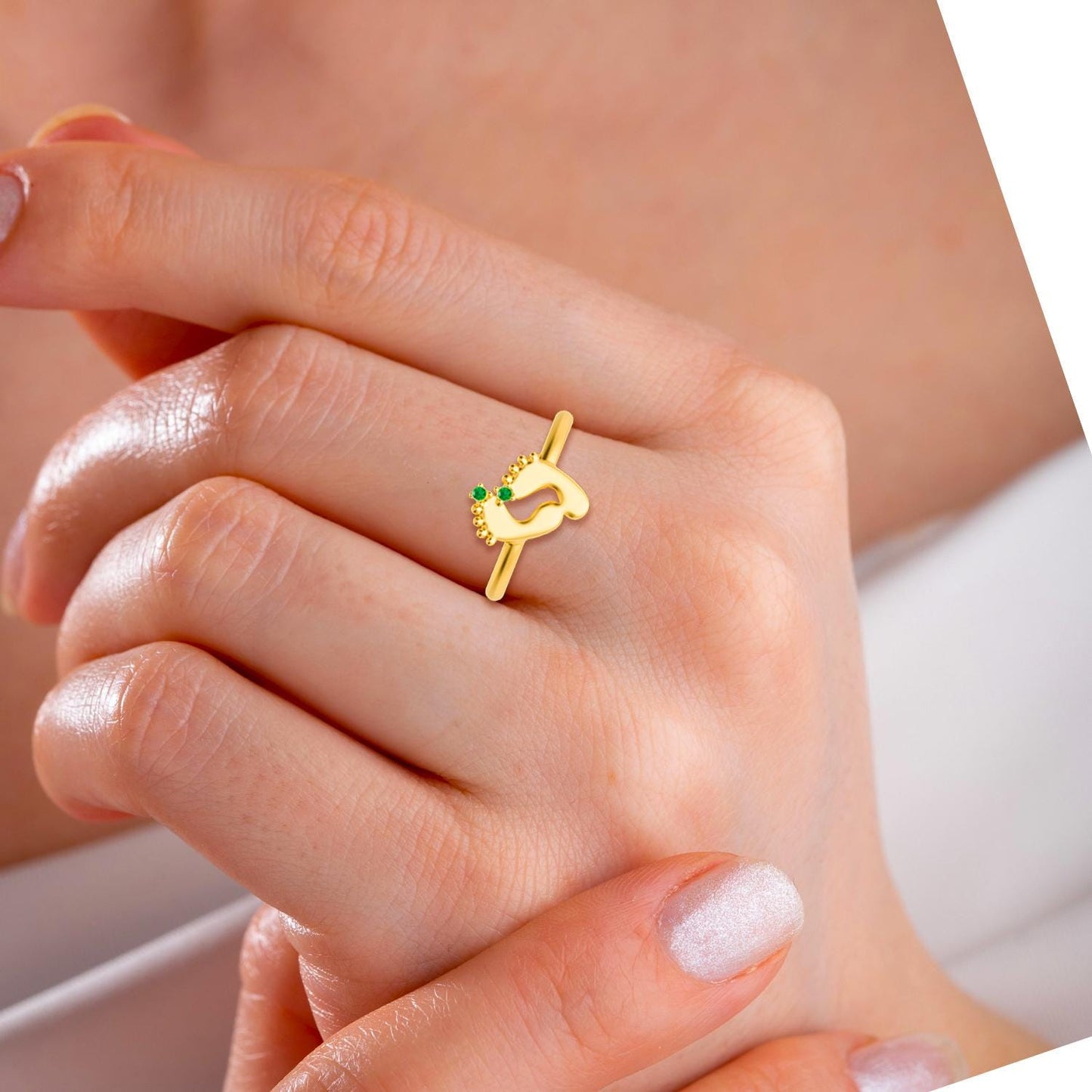 Handmade Gold Plated Baby Footprint Ring with Birthstone – 925 Sterling Silver Personalized Jewelry for Moms.