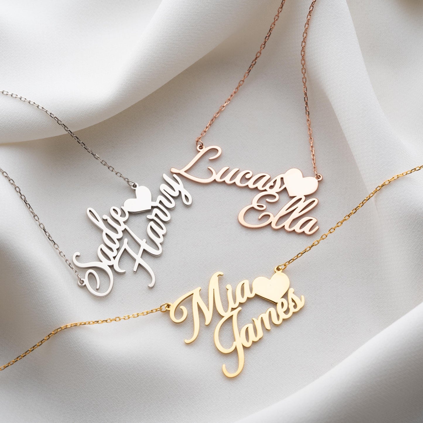Double Name Necklace, Gold Silver Nameplate Jewelry,Custom Couple Necklace, Dainty Heart Necklace, Personalized Kids Jewelry,Name Plate Gift