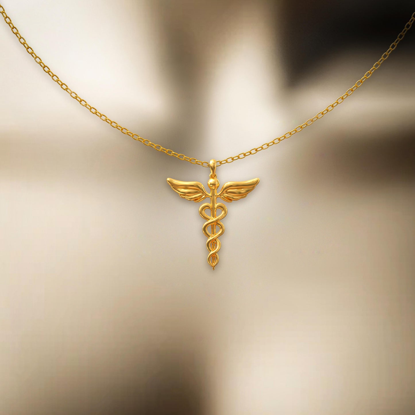 Handmade Caduceus Necklace, 14K Gold Plated Medical Charm, Custom Mythology Pendant, Personalized Jewelry Gift for Nurse & Medical Student