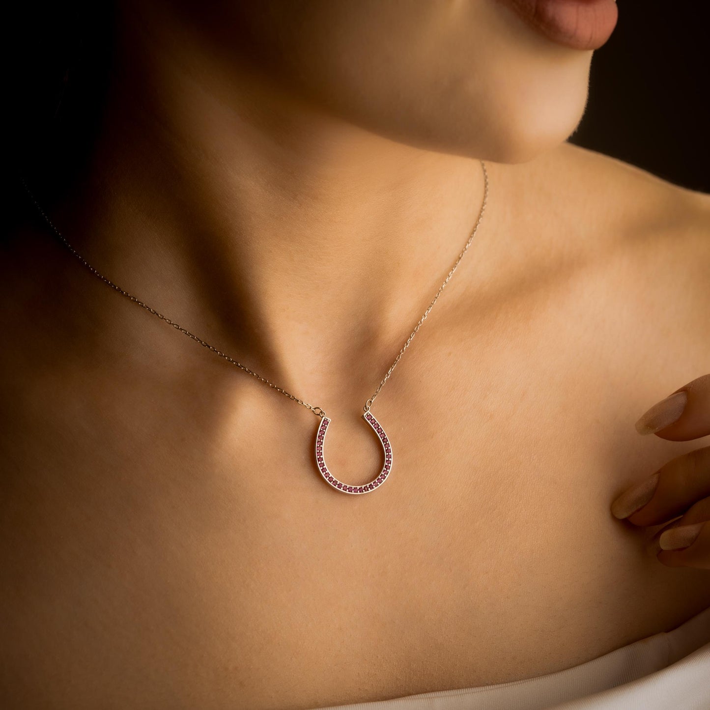 Horseshoe Pendant Necklace, Lucky Horseshoe Charm, Gold Birthstone Jewelry, Minimalist Gemstone Necklace, Anniversary Gift for Women