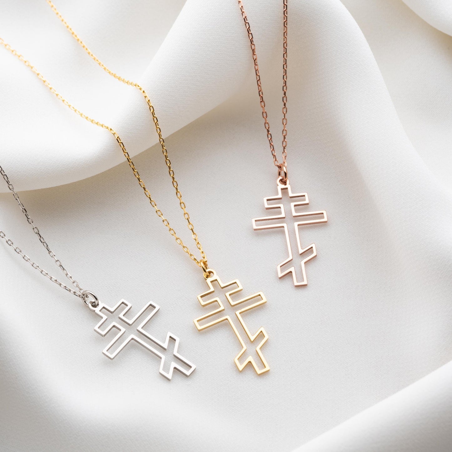 Gold Cross Necklace, Men's Women's Small Dainty Cross, 925 Sterling Silver Orthodox Sideways Cross, Tiny Pearl Christian Jewelry Gift