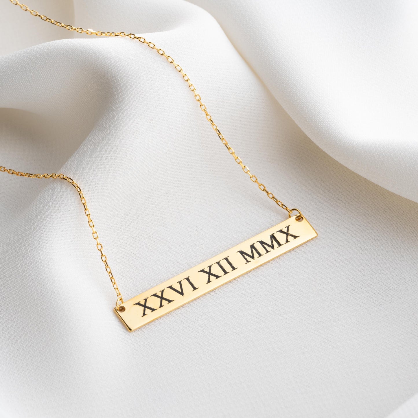 Roman Numeral Date Bar Necklace, Custom Gold Silver Nameplate Jewelry, Initial Number Necklace, Personalized Gift for Her, Name Bar Pendant.