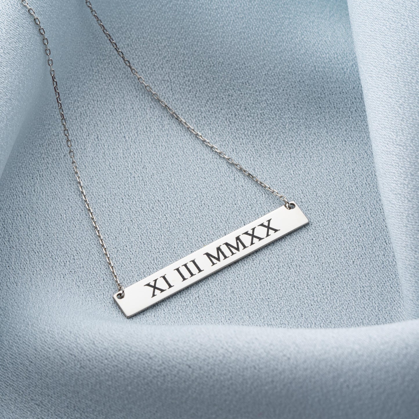Roman Numeral Date Bar Necklace, Custom Gold Silver Nameplate Jewelry, Initial Number Necklace, Personalized Gift for Her, Name Bar Pendant.