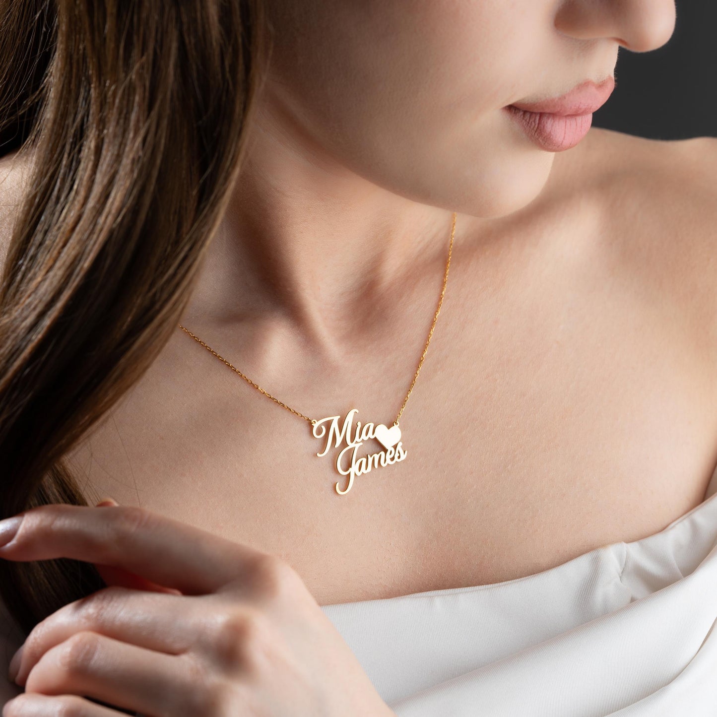 Double Name Necklace, Gold Silver Nameplate Jewelry,Custom Couple Necklace, Dainty Heart Necklace, Personalized Kids Jewelry,Name Plate Gift