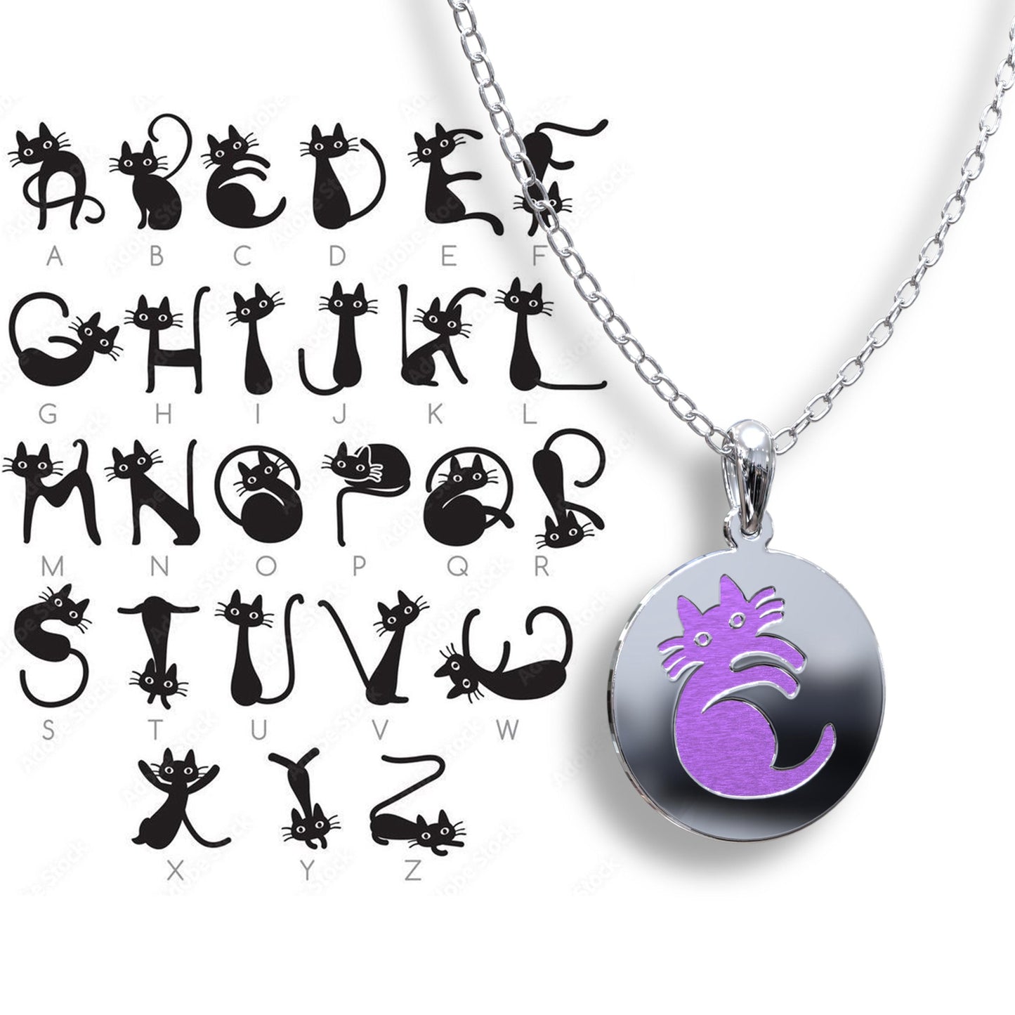 Personalized Cat Charm Necklace, Custom Name Plate Pendant, Kids Initial Number Bubble Letter Necklace, Miraculous Medal, Birthday Gift