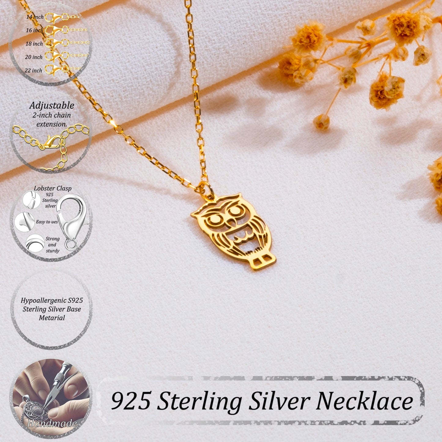 Silver Owl Necklace, Nature Jewelry, Delicate Bird Charm Necklace, Handmade Owl Gifts for Her, Mom Gift, Birthday Silver Charm Necklace