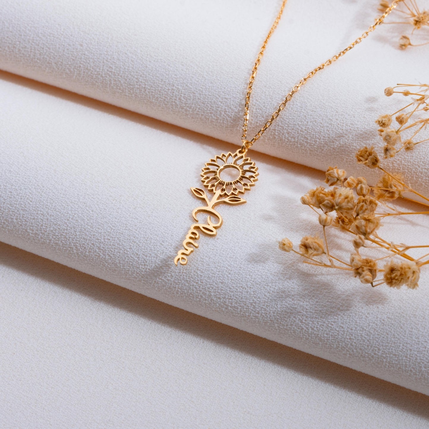 Sunflower Necklace With Name, Dainty Personalized Jewelry, Sunflower Charm Pendant, Gift for Her, Birthday Name Necklace, Silver Necklace