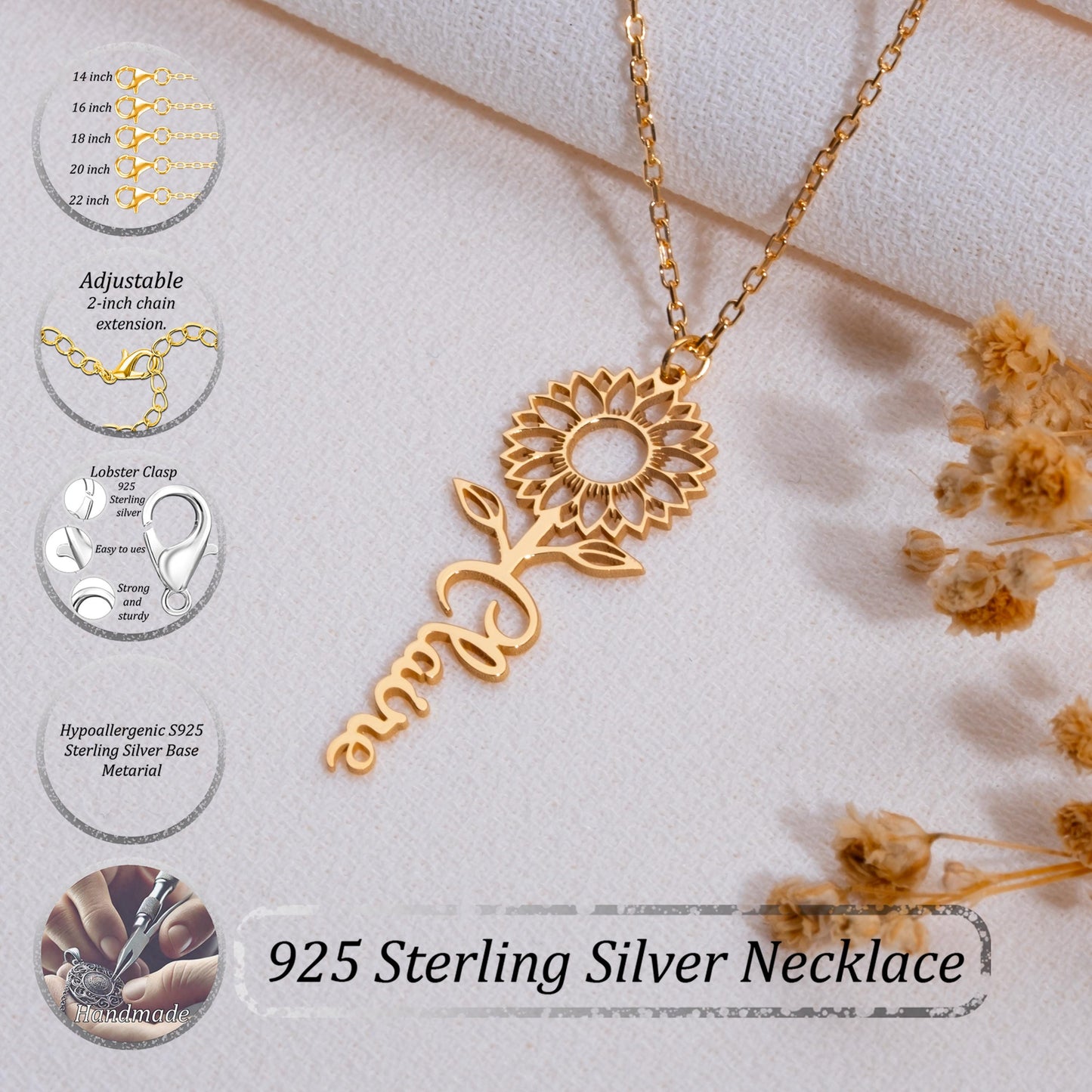 Sunflower Necklace With Name, Dainty Personalized Jewelry, Sunflower Charm Pendant, Gift for Her, Birthday Name Necklace, Silver Necklace