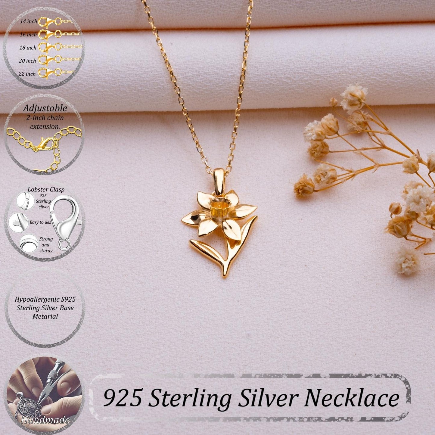 Daffodil Narcissus Pendant Necklace,Silver Daffodil Necklace,Birth Flower Jewelry,Floral Necklace,Handmade Necklace,Gift,Dainty Necklace,