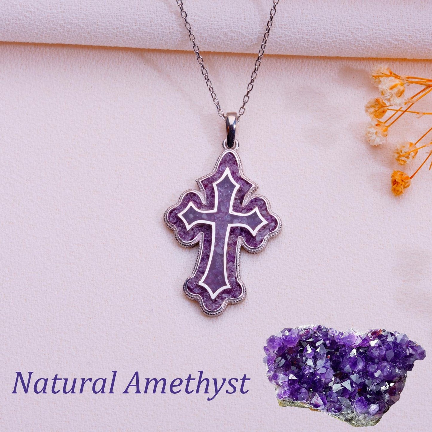 Amethyst Cross Necklace, Gold & Silver Gemstone Pendant, Religious Handmade Jewelry, Antique Bridesmaid Gift, Anniversary-Birthday Gift