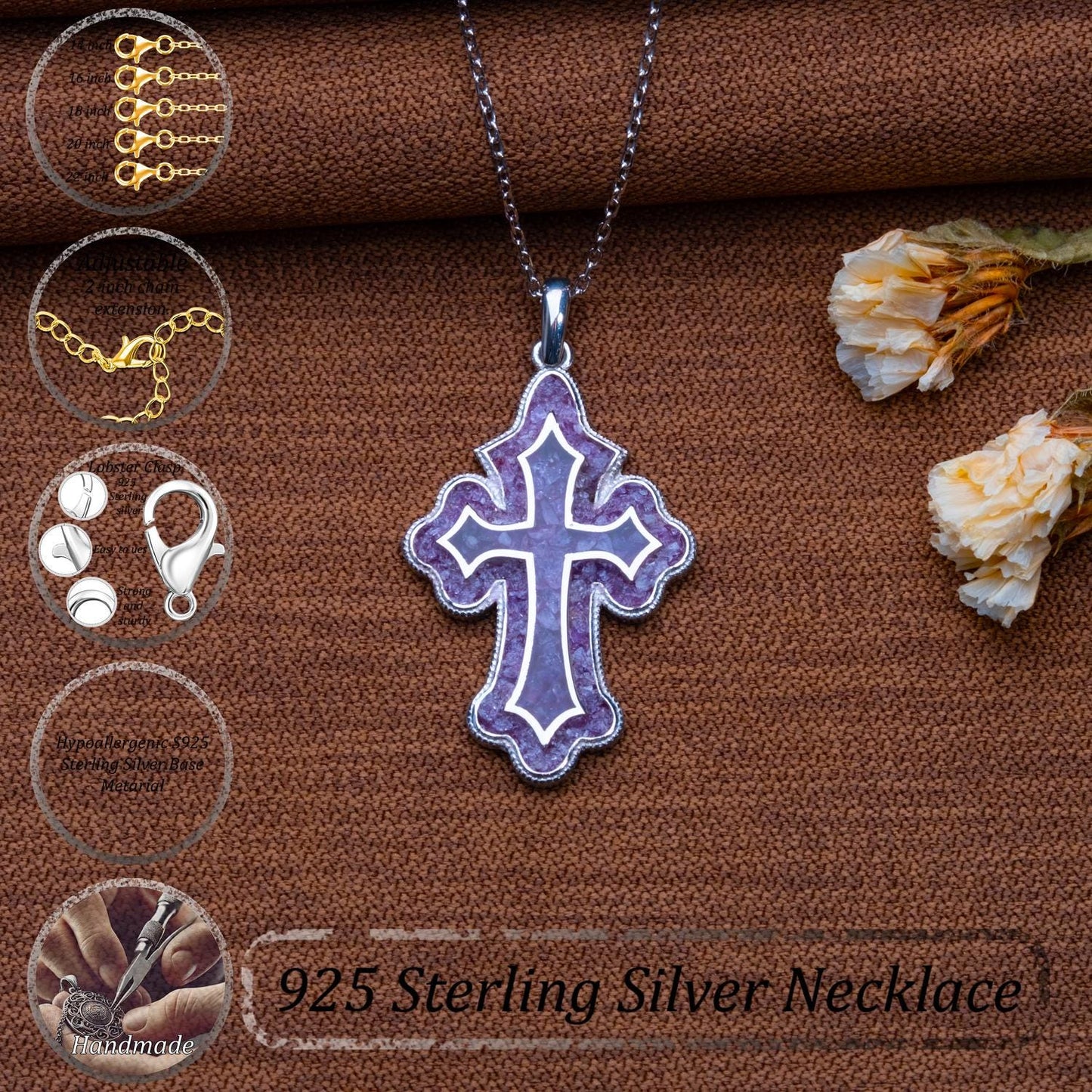 Amethyst Cross Necklace, Gold & Silver Gemstone Pendant, Religious Handmade Jewelry, Antique Bridesmaid Gift, Anniversary-Birthday Gift