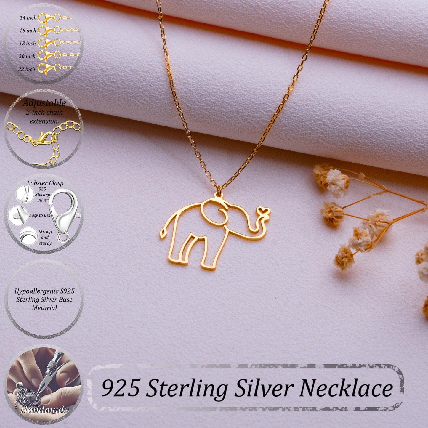Elephant Necklace – Cute Elephant Charm Pendant, Custom Dainty Silver or Gold Necklace, Minimalist Nature Jewelry, Birthday Gift for Her.