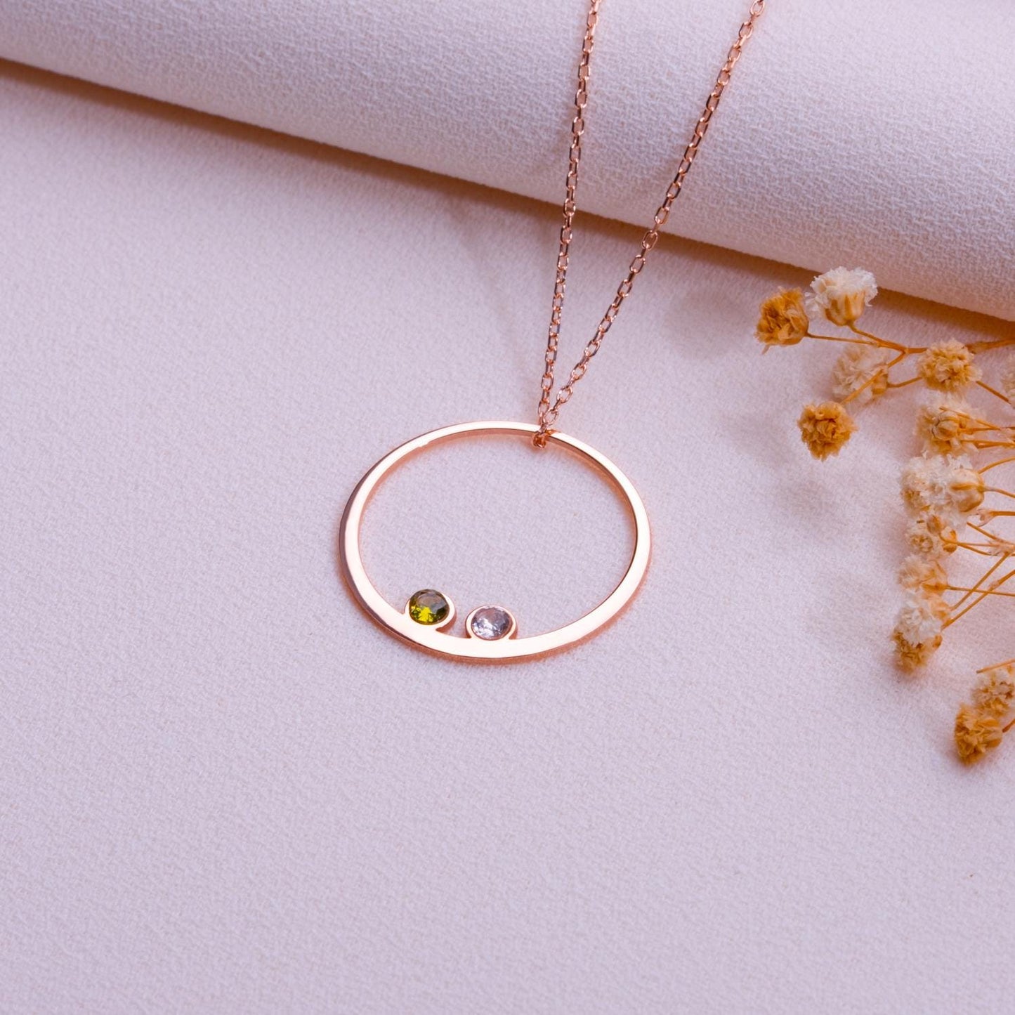 Rose Gold Circle Pendant Necklace with Two Gemstones, Minimalist Birthstone Jewelry