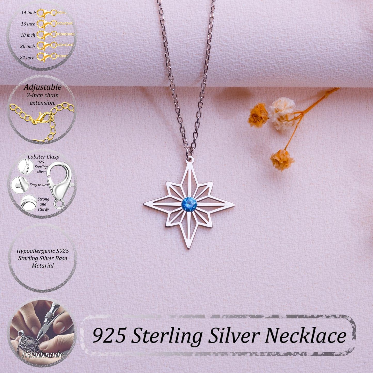 Silver Eight Point Star Necklace with Blue Gemstone Pendant