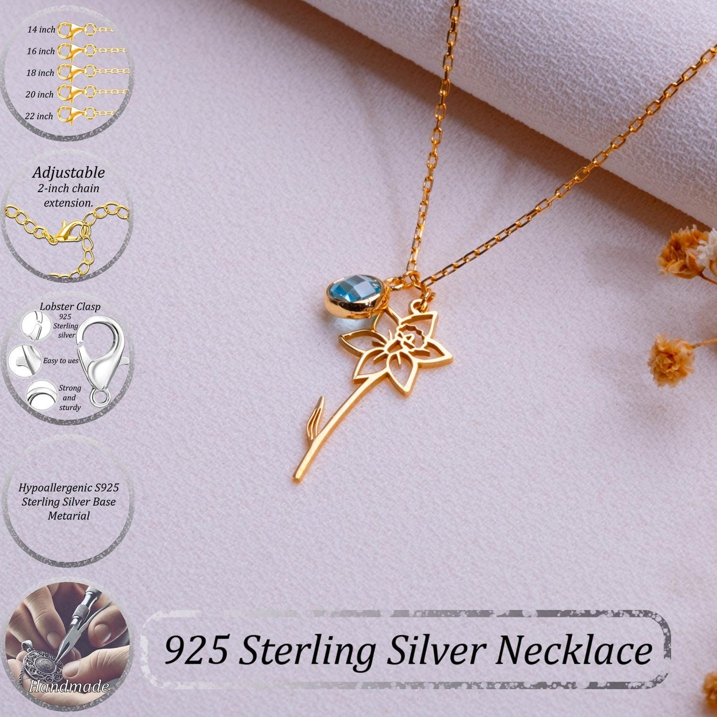 March Daffodil Birth Flower Necklace - Aquamarine Birthstone Necklace • Floral Jewelry Gift • March Birthday Flower Birthstone Necklace