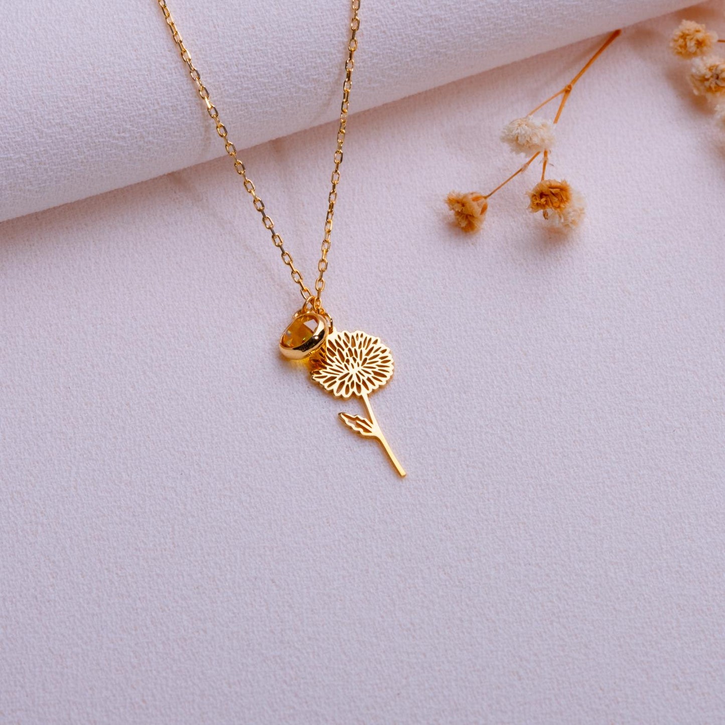 November Chrysanthemum Birthstone Flower Necklace • Yellow Topaz Birthstone Jewelry • Birthflower Pendant • Birthday Gift for Her - Handmade