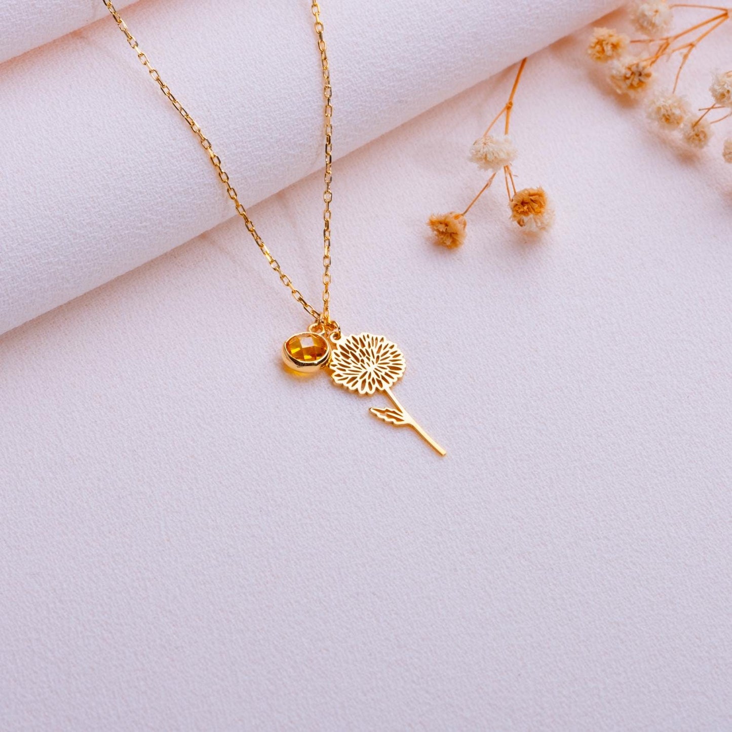 November Chrysanthemum Birthstone Flower Necklace • Yellow Topaz Birthstone Jewelry • Birthflower Pendant • Birthday Gift for Her - Handmade