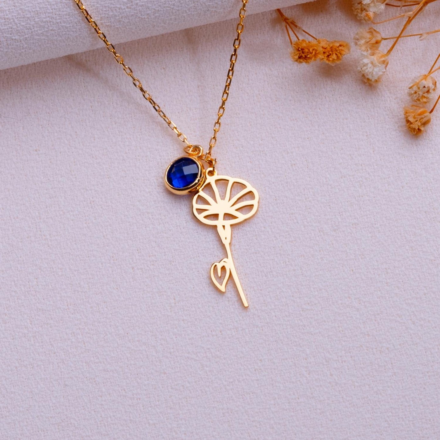 September Sapphire Birthstone Necklace • Morning Glory Flower Pendant • Birthflower Jewelry Gift • September Birthday Gift for Her-Handmade