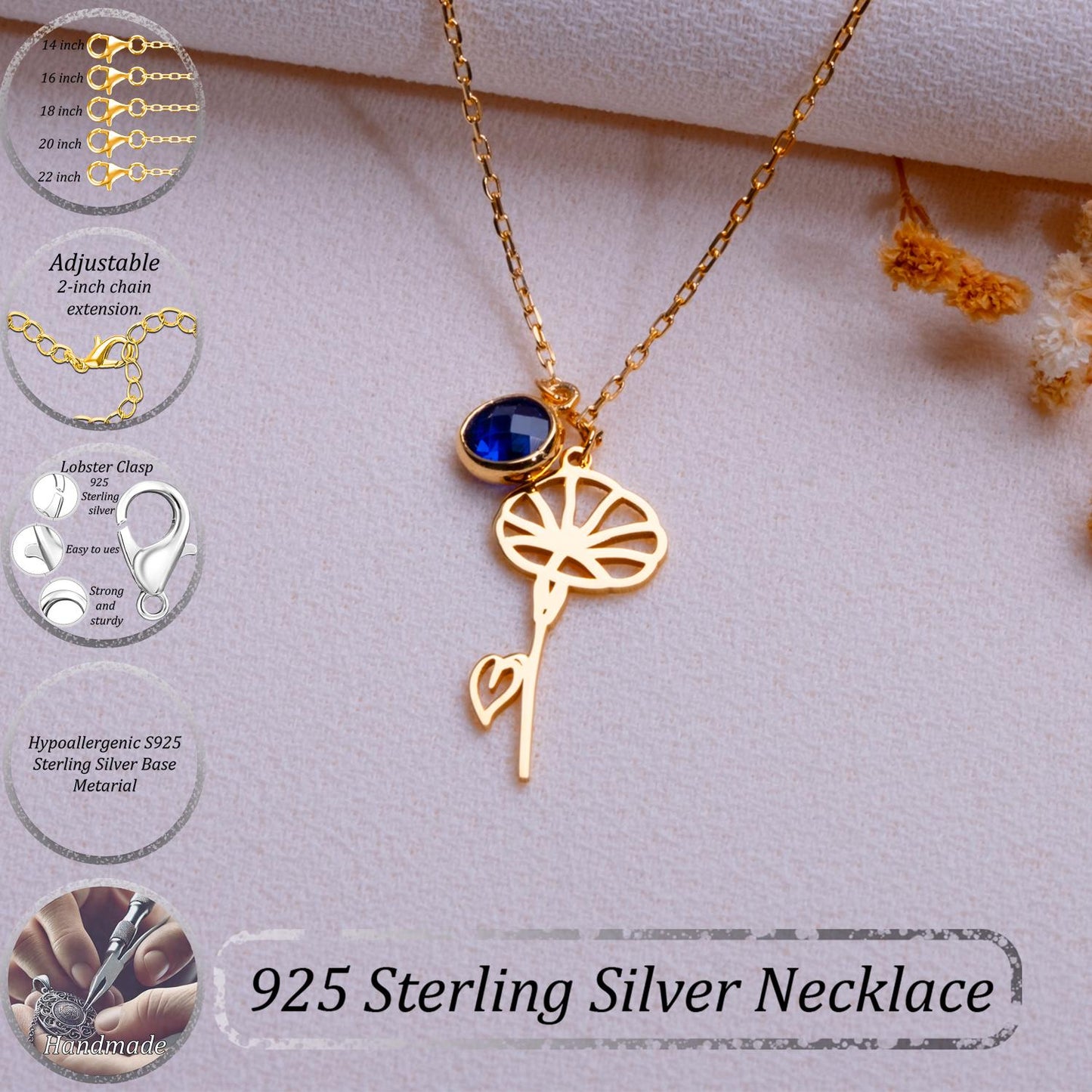 September Sapphire Birthstone Necklace • Morning Glory Flower Pendant • Birthflower Jewelry Gift • September Birthday Gift for Her-Handmade