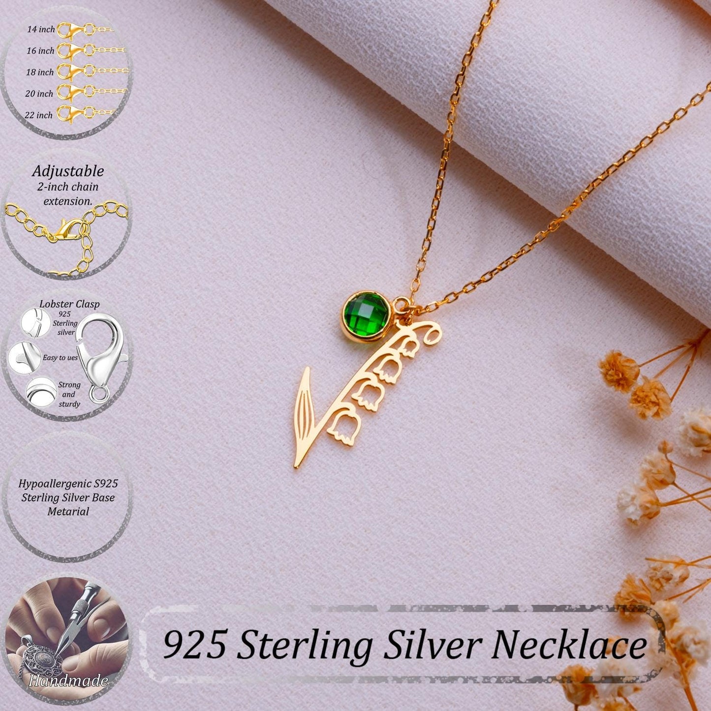 May Birth Flower Necklace • Emerald Birthstone Jewelry • Lily of the Valley Pendant • Floral Birthday Gift • Personalized Flower - Handmade