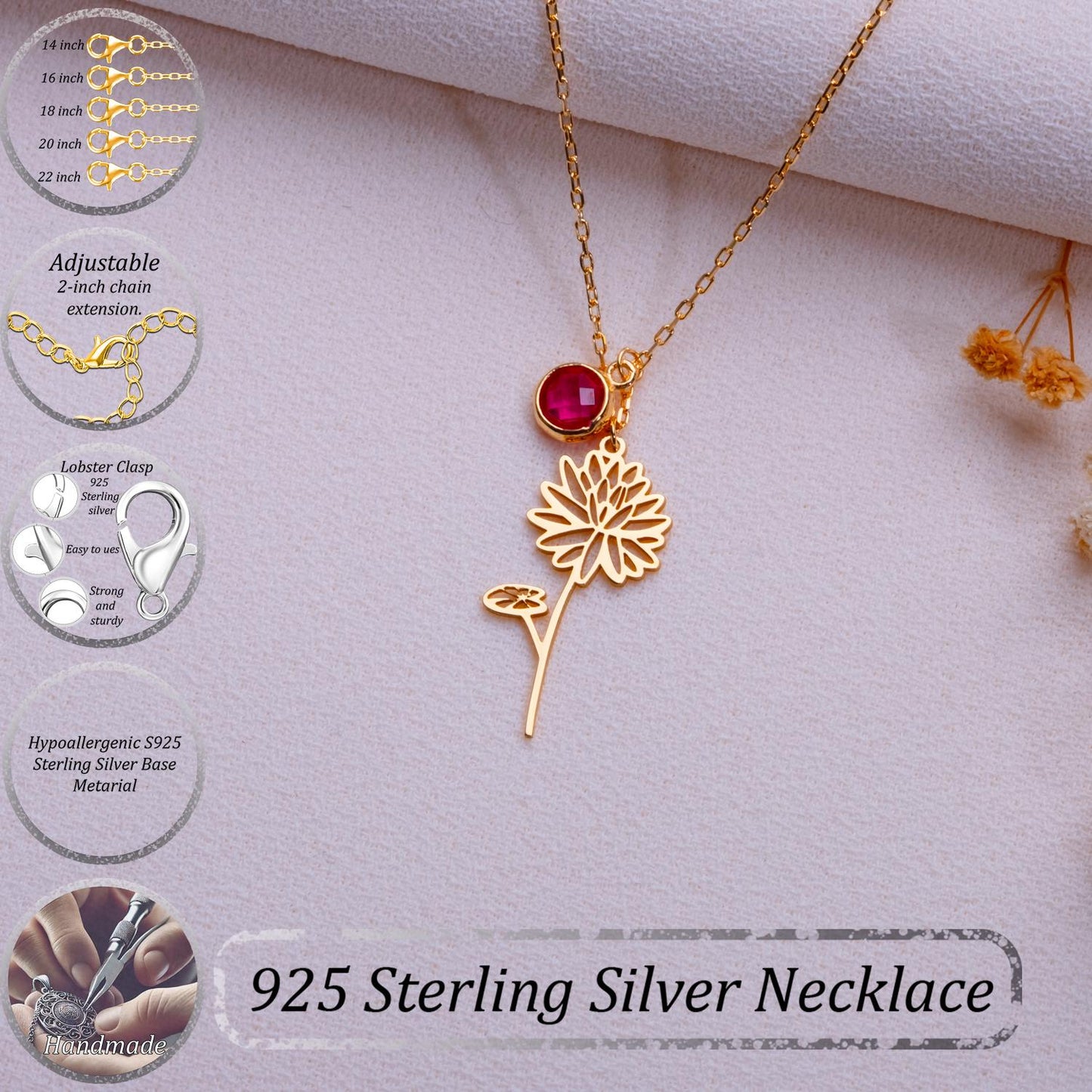July Birth Flower Necklace • Water Lily Pendant • Ruby Birthstone Jewelry • Floral Necklace Gift • July Birthday Gift for Her -Handmade gift