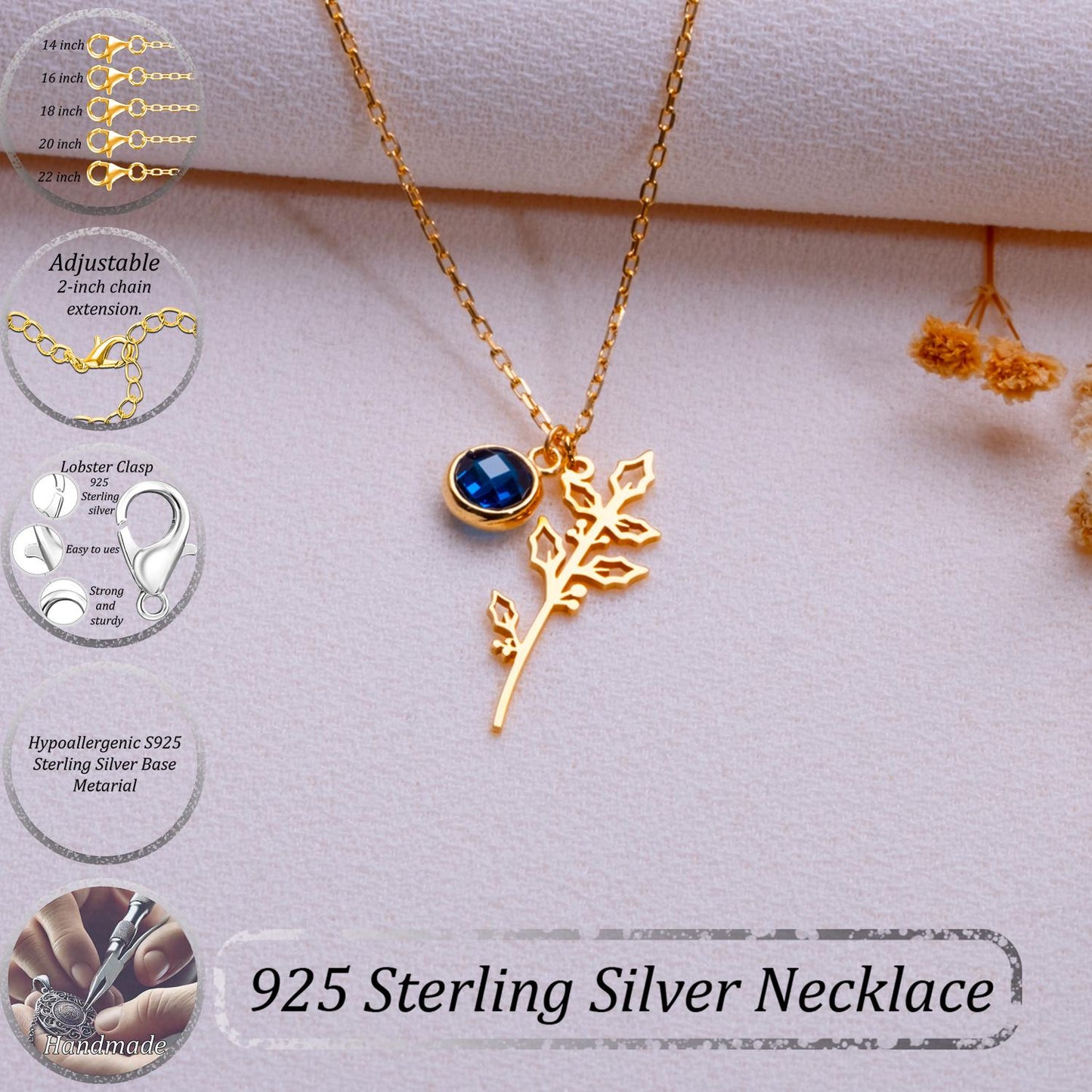 December Holly Berry Birth Flower Necklace • Blue Topaz Jewelry • Floral Gold Pendant • Personalized Birthday Gift • Handmade December