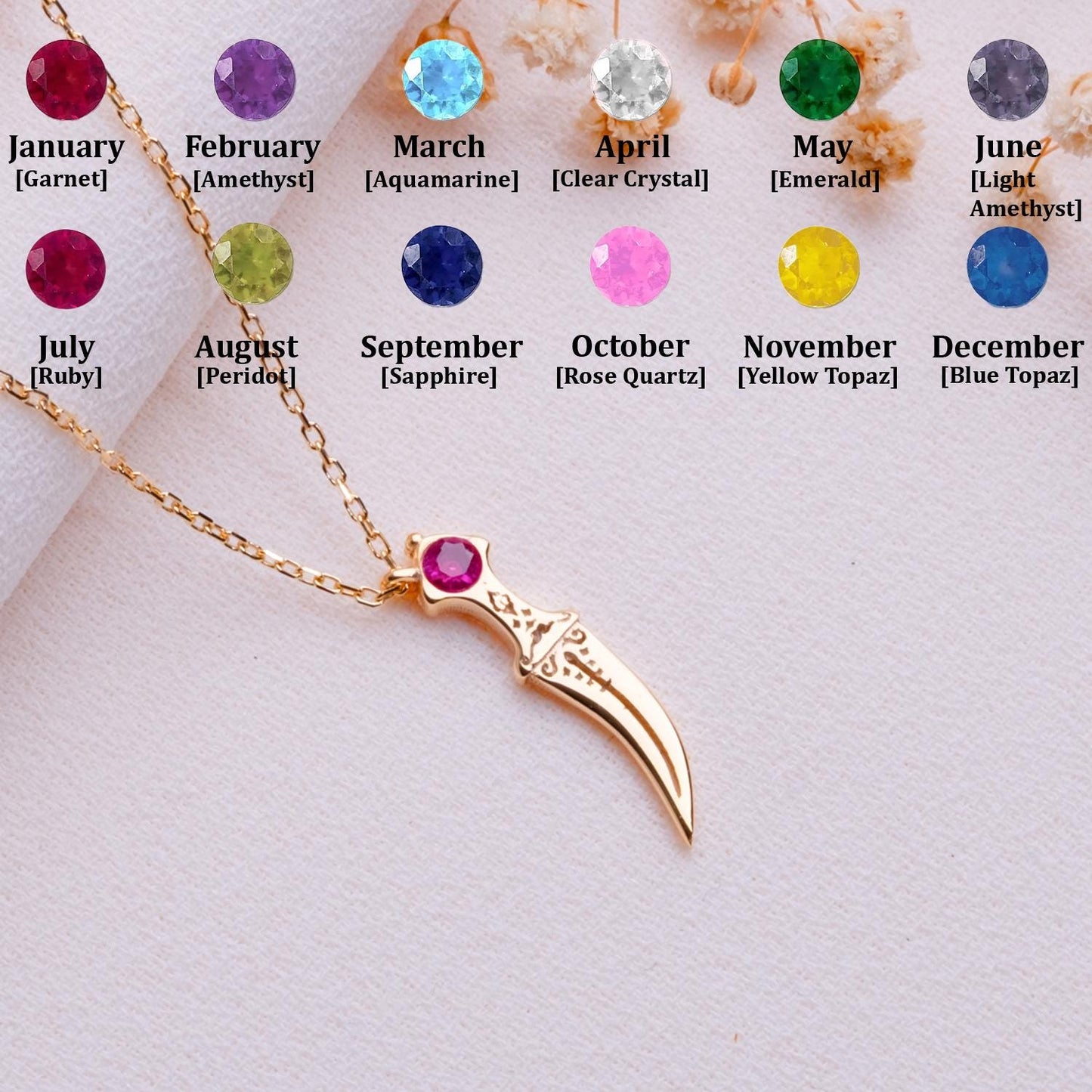 Dagger Birthstone Necklace – Medieval Sword Pendant,Personalized Gift for Her, August November December Birthstone Jewelry,Birthday Necklace
