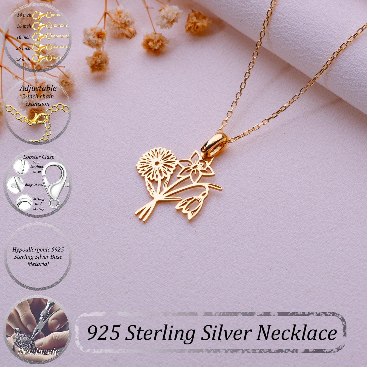 Bouquet Birth Flower Necklace • Dainty Gold or Silver Birth Month Pendant • Personalized Floral Jewelry Gift • Custom Birthday Gift for Her.