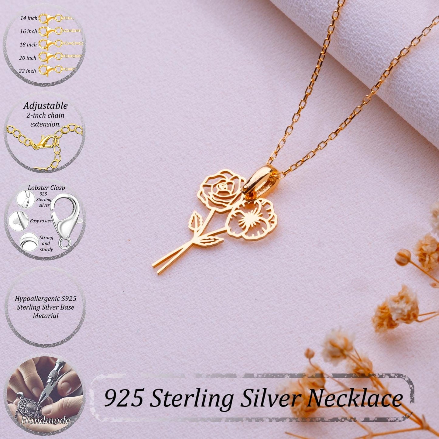 Bouquet Birth Flower Pendant -Dainty Gold Floral Necklace,Personalized Birth Month Jewelry Gift,Anniversary Gift for Her,Necklaces for Women