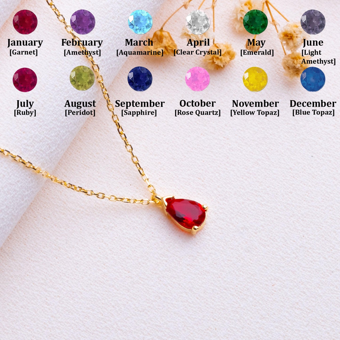 Drop Birthstone Necklace • Custom Teardrop Gem Pendant • Gold Minimalist Necklace • Personalized Gift for Her,Handmade Birthday Jewelry