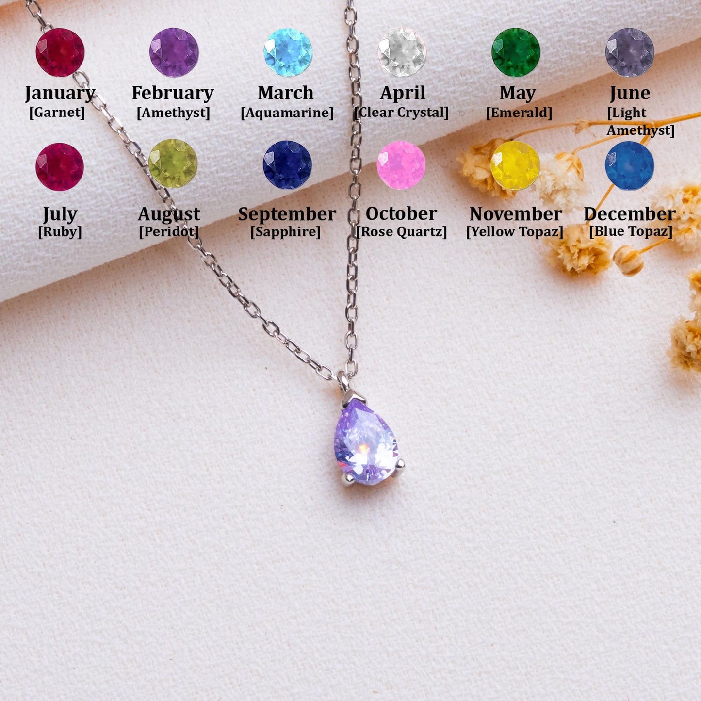 Drop Birthstone Necklace • Silver or Gold Jewelry • Dainty Teardrop Gemstone Pendant •Customized Minimal Gift,Unique Birthstone Gift Jewelry