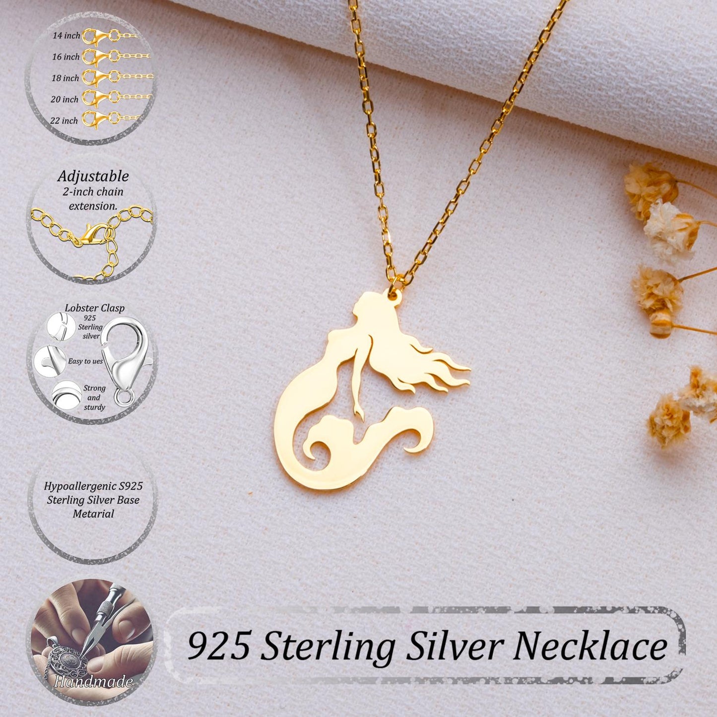 Mermaid Pendant Necklace: 14K Gold Plated 925 Sterling Silver Charm