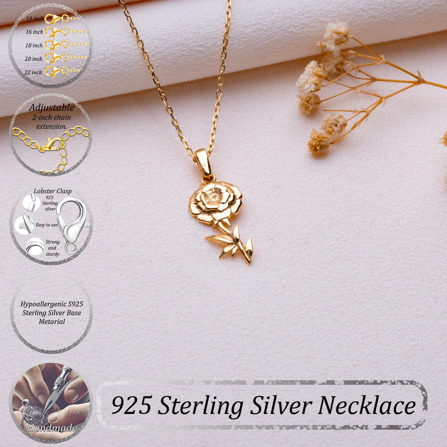 Marigold Flower Necklace, Birth Flower Jewelry, Custom Pendant, Personalized Charm Necklace, Birthstone Necklace, Best Friend & Mom Gift