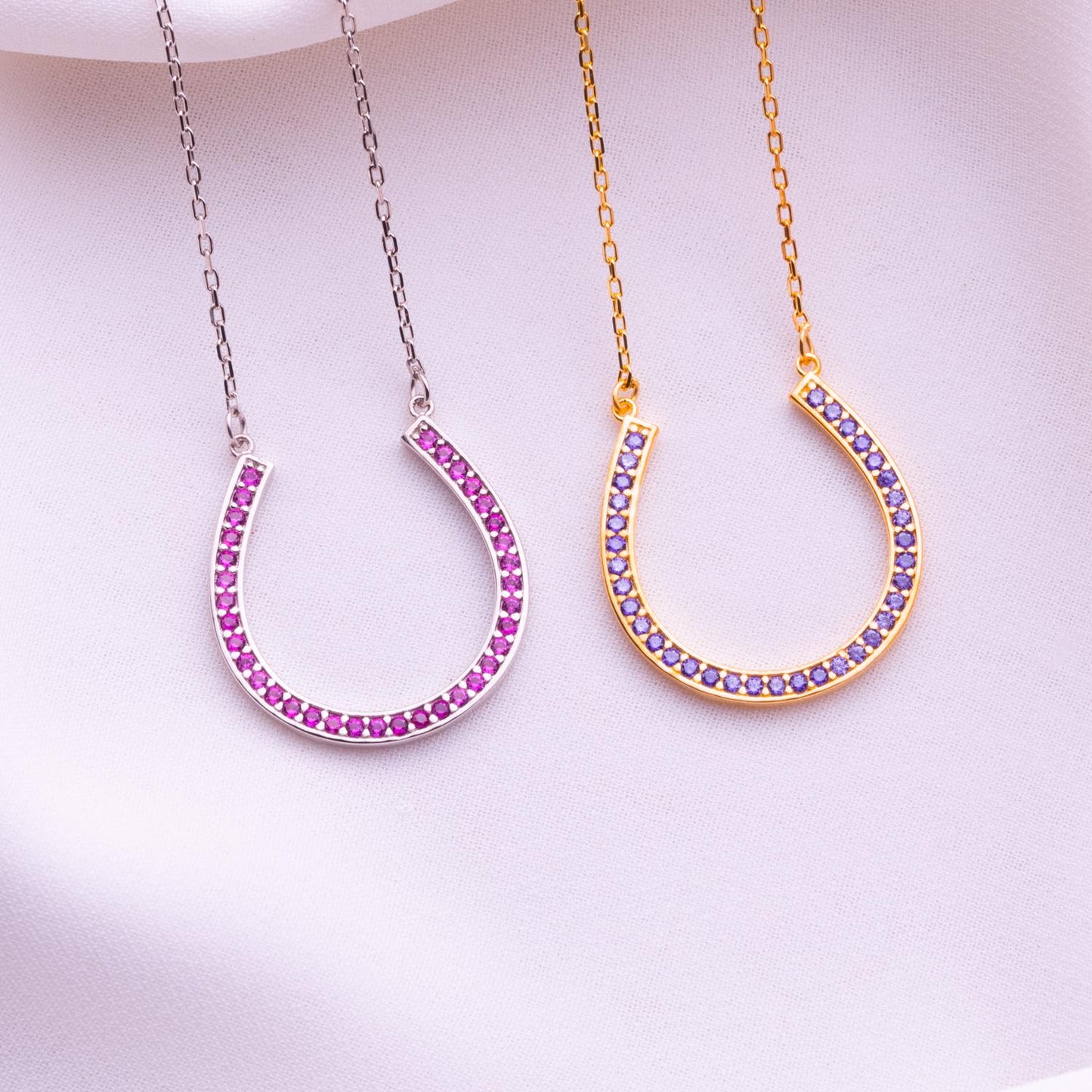 Horseshoe Pendant Necklace, Lucky Horseshoe Charm, Gold Birthstone Jewelry, Minimalist Gemstone Necklace, Anniversary Gift for Women
