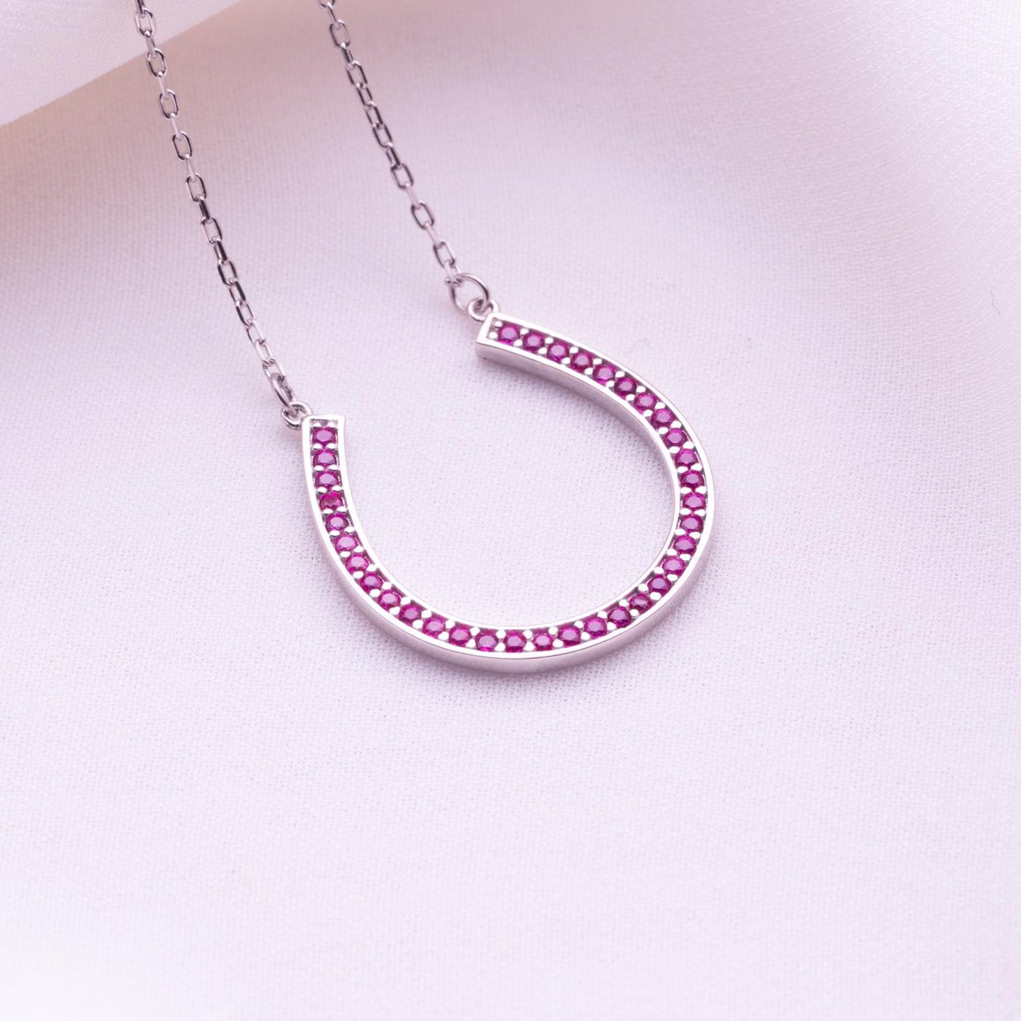 Horseshoe Pendant Necklace, Lucky Horseshoe Charm, Gold Birthstone Jewelry, Minimalist Gemstone Necklace, Anniversary Gift for Women