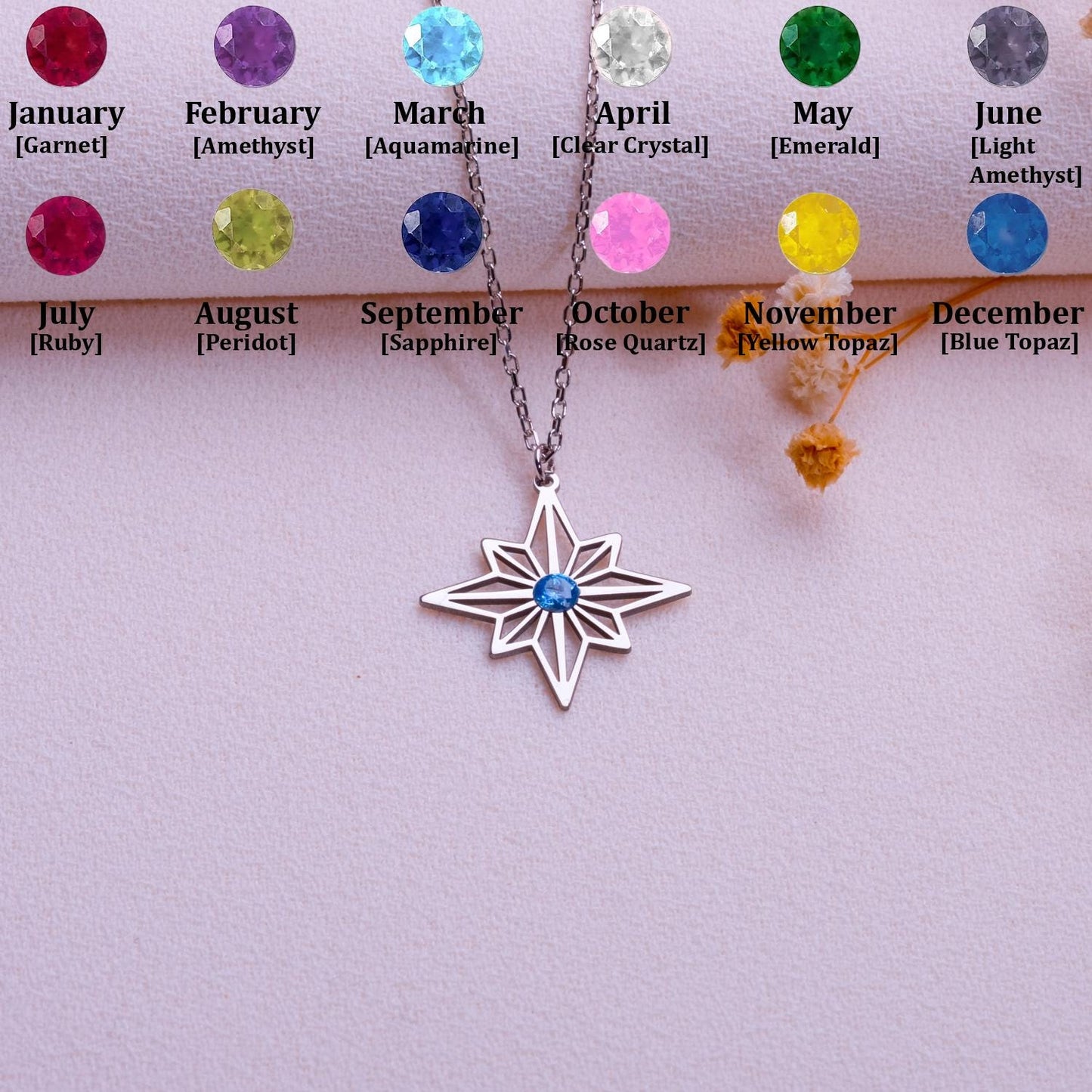 Silver Eight Point Star Necklace with Blue Gemstone Pendant