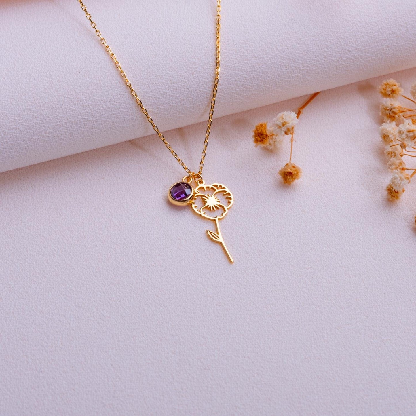 February Violet Birth Flower Necklace - Amethyst Birthstone Jewelry - Birthflower Gift for Her - Personalized Flower - Birthstone Necklace