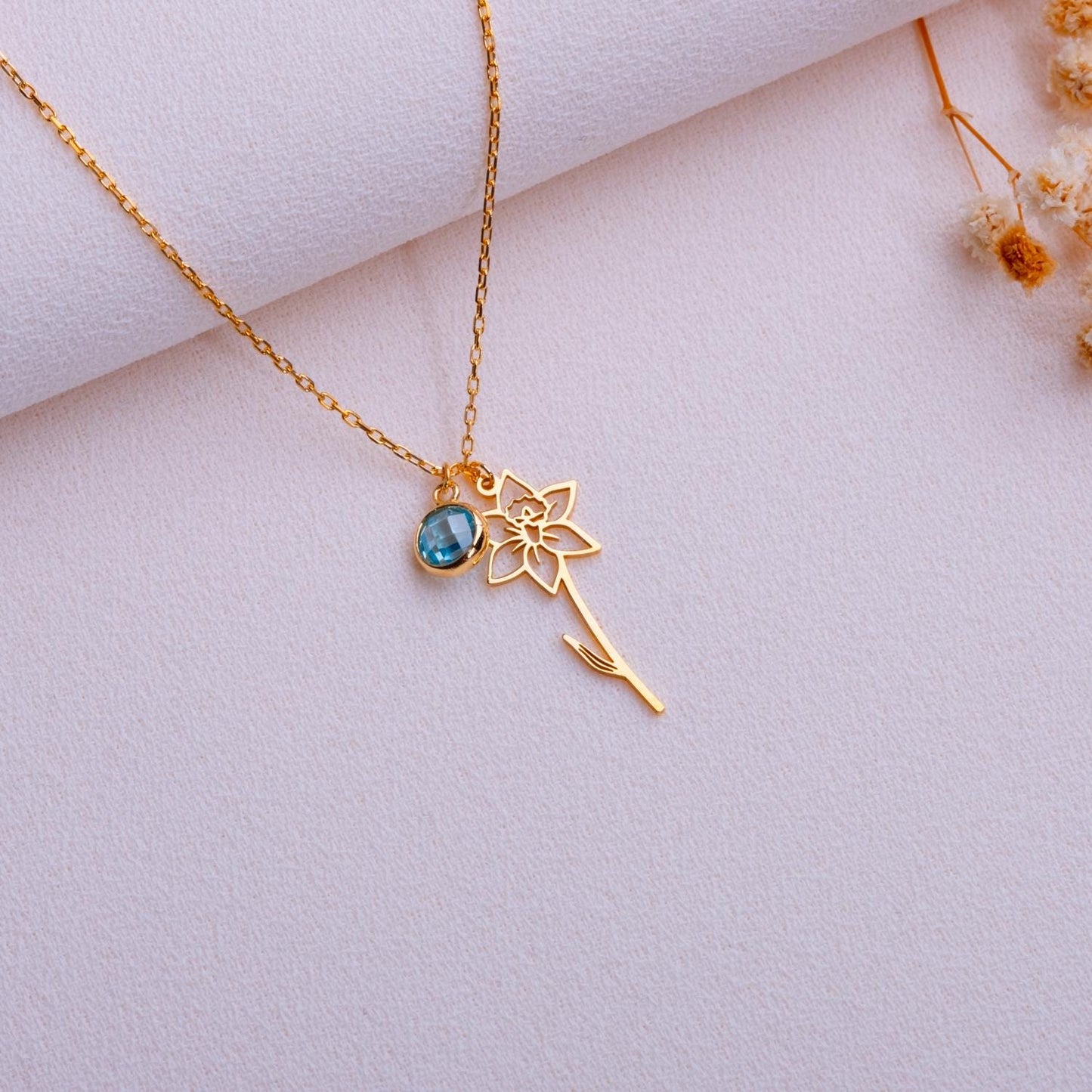 March Daffodil Birth Flower Necklace - Aquamarine Birthstone Necklace • Floral Jewelry Gift • March Birthday Flower Birthstone Necklace