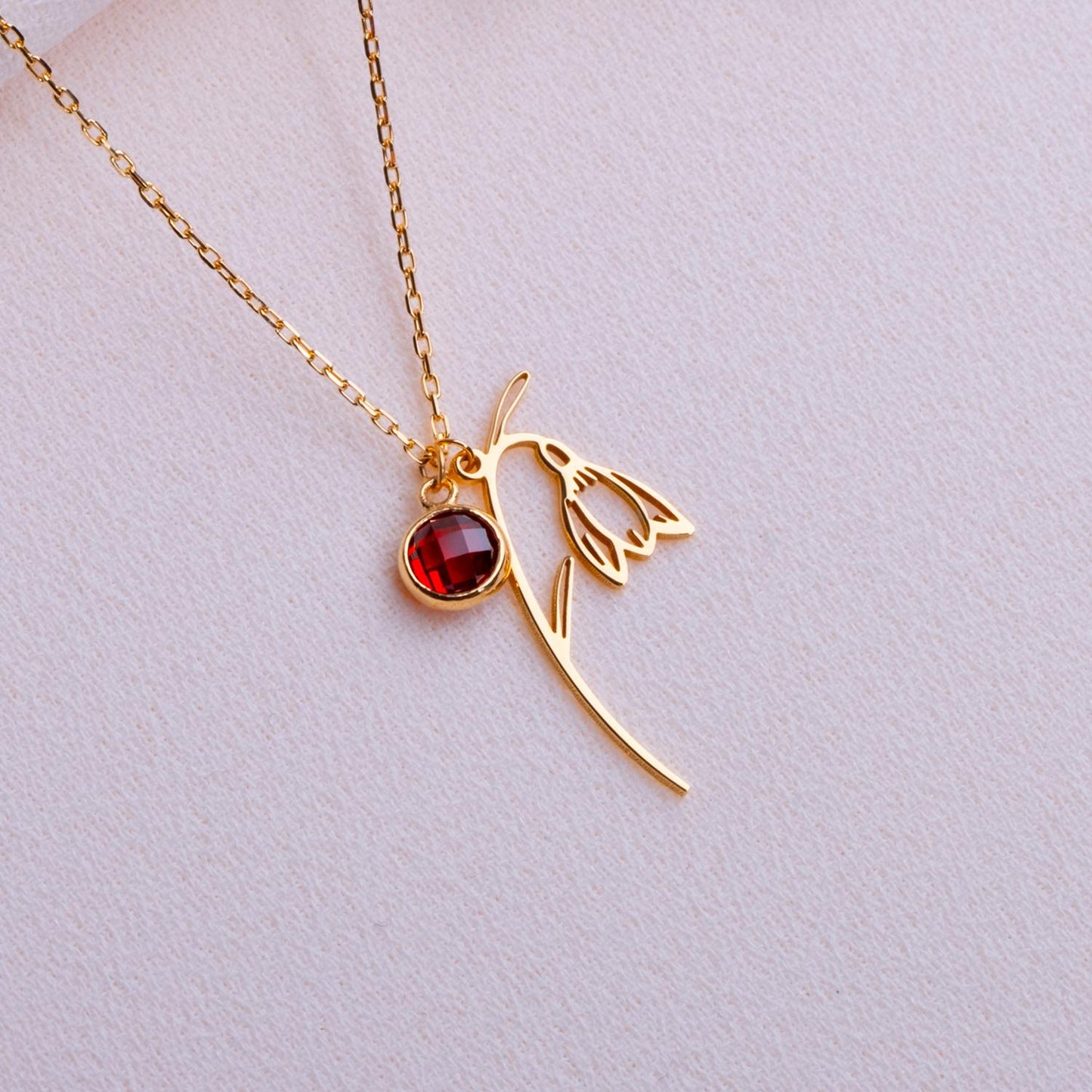 January Garnet Birthstone Necklace • Snowdrop Flower Pendant • Birthflower Jewelry Gift • January Birthday Gift for Her - Handmade necklace
