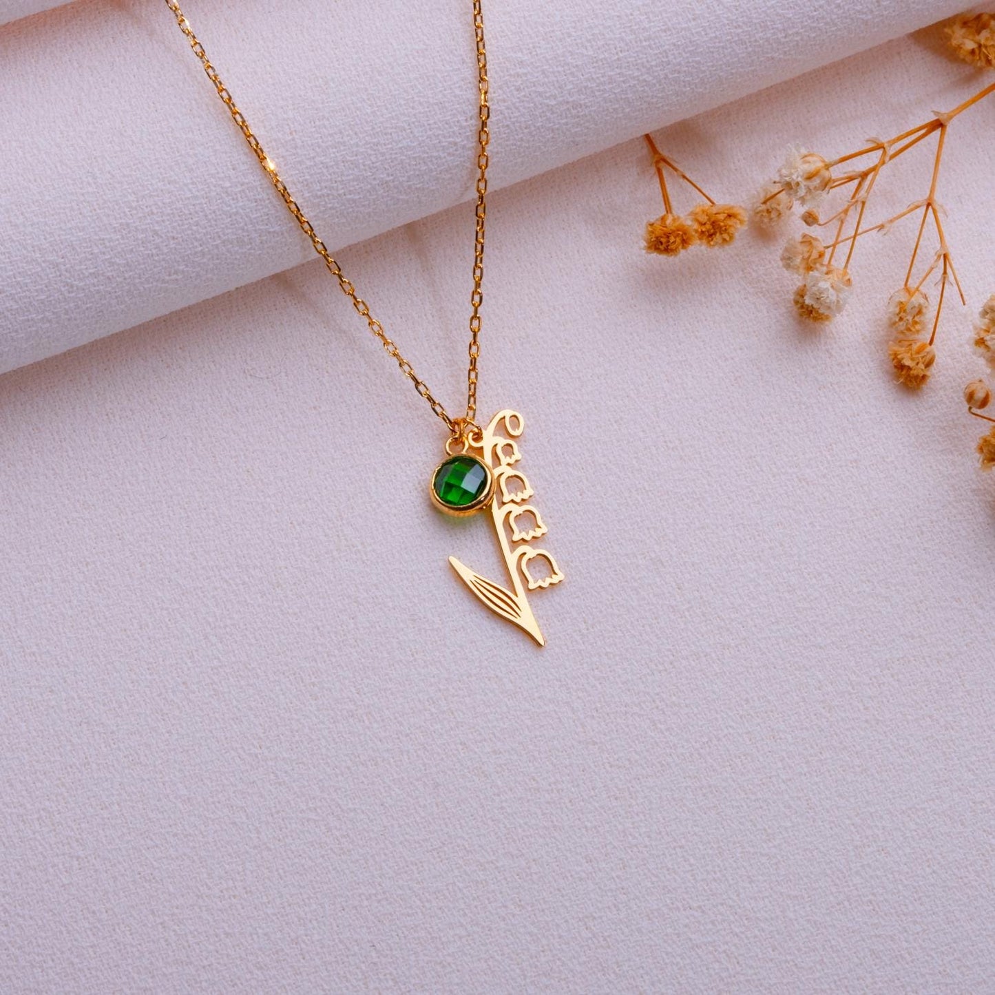 May Birth Flower Necklace • Emerald Birthstone Jewelry • Lily of the Valley Pendant • Floral Birthday Gift • Personalized Flower - Handmade