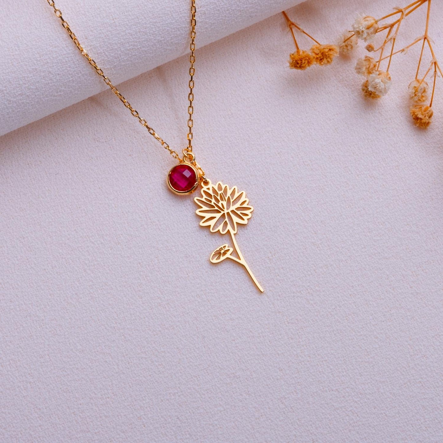 July Birth Flower Necklace • Water Lily Pendant • Ruby Birthstone Jewelry • Floral Necklace Gift • July Birthday Gift for Her -Handmade gift